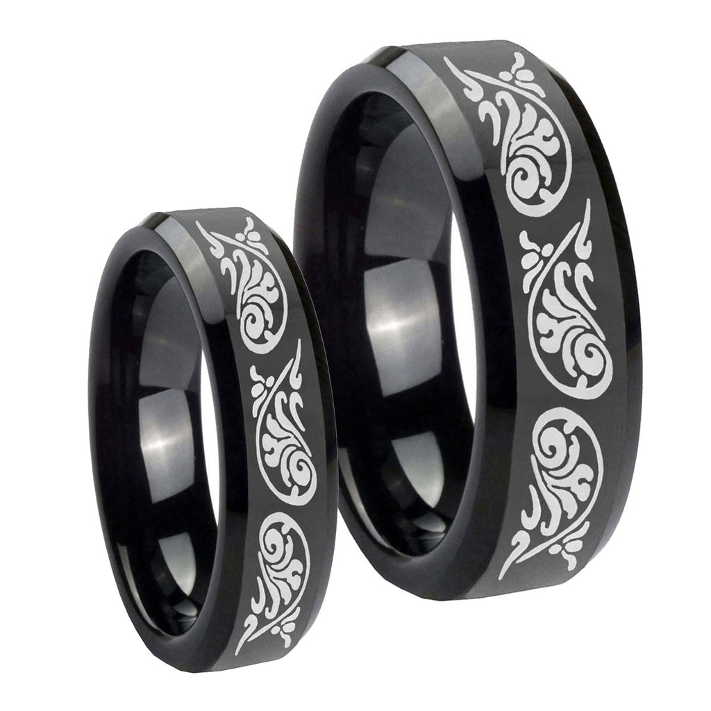 Etched Tribal Pattern Beveled Edges Black Tungsten Couple Band Set