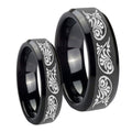 Etched Tribal Pattern Beveled Edges Black Tungsten Couple Band Set