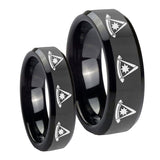 His Hers Multiple Pester Master Masonic Beveled Black Tungsten Engagement Ring Set