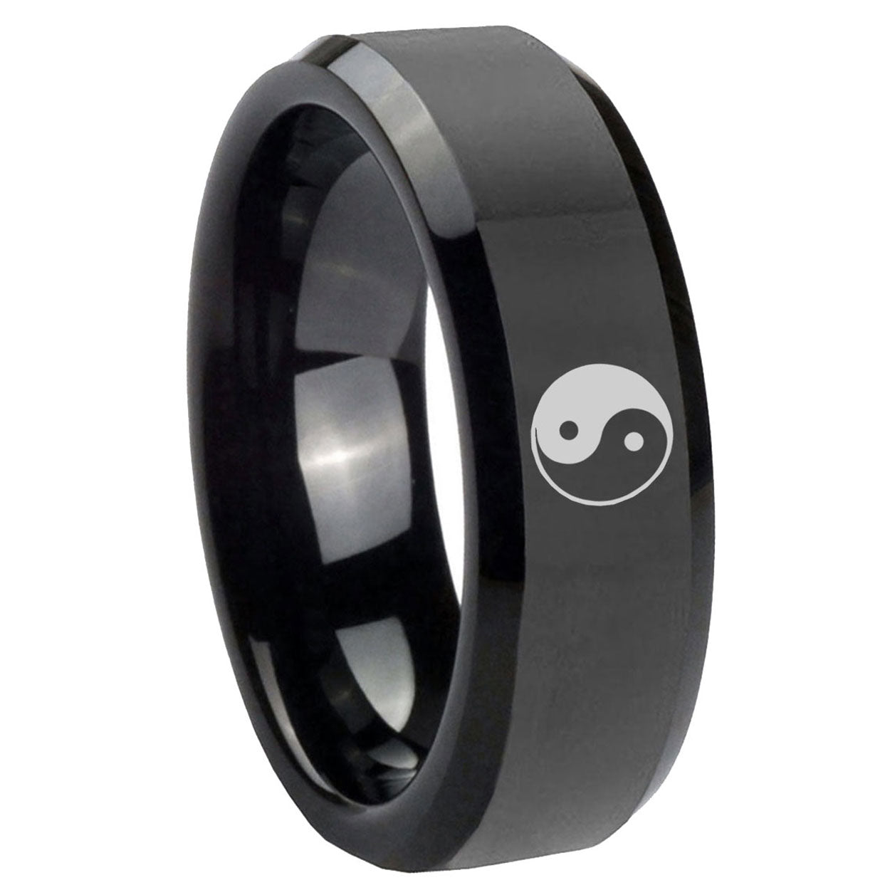 10mm Yin Yang Beveled Edges Black Tungsten Carbide Engraved Ring