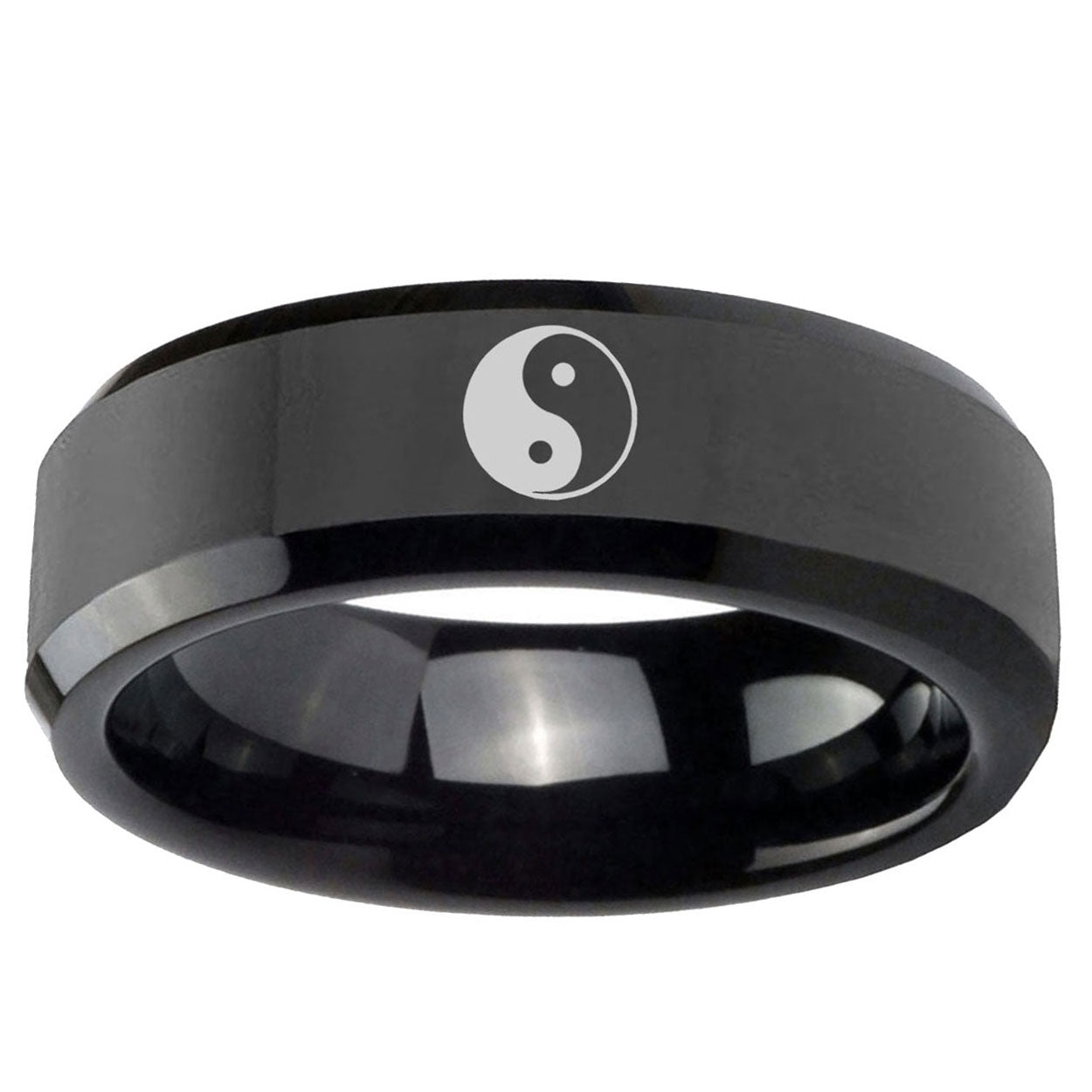 10mm Yin Yang Beveled Edge Black Tungsten Ring