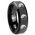 10mm Multiple Yin Yang Beveled Edges Black Tungsten Carbide Personalized Ring
