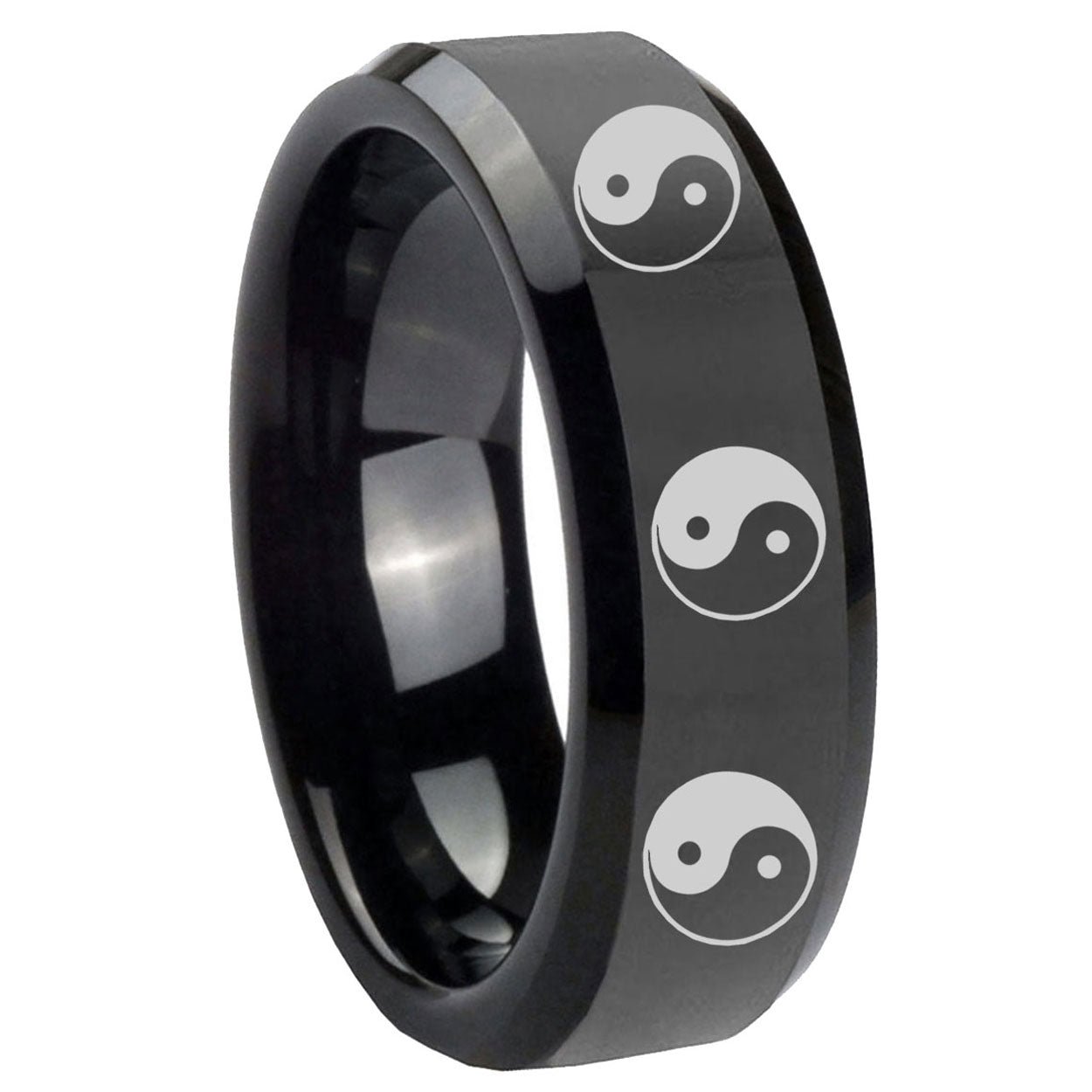 10mm Multiple Yin Yang Beveled Edges Black Tungsten Carbide Personalized Ring