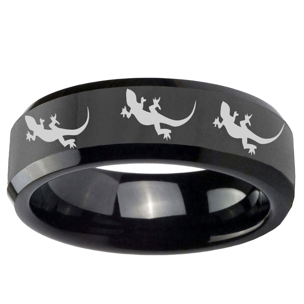 10mm Multiple Lizard Beveled Edge Black Tungsten Ring