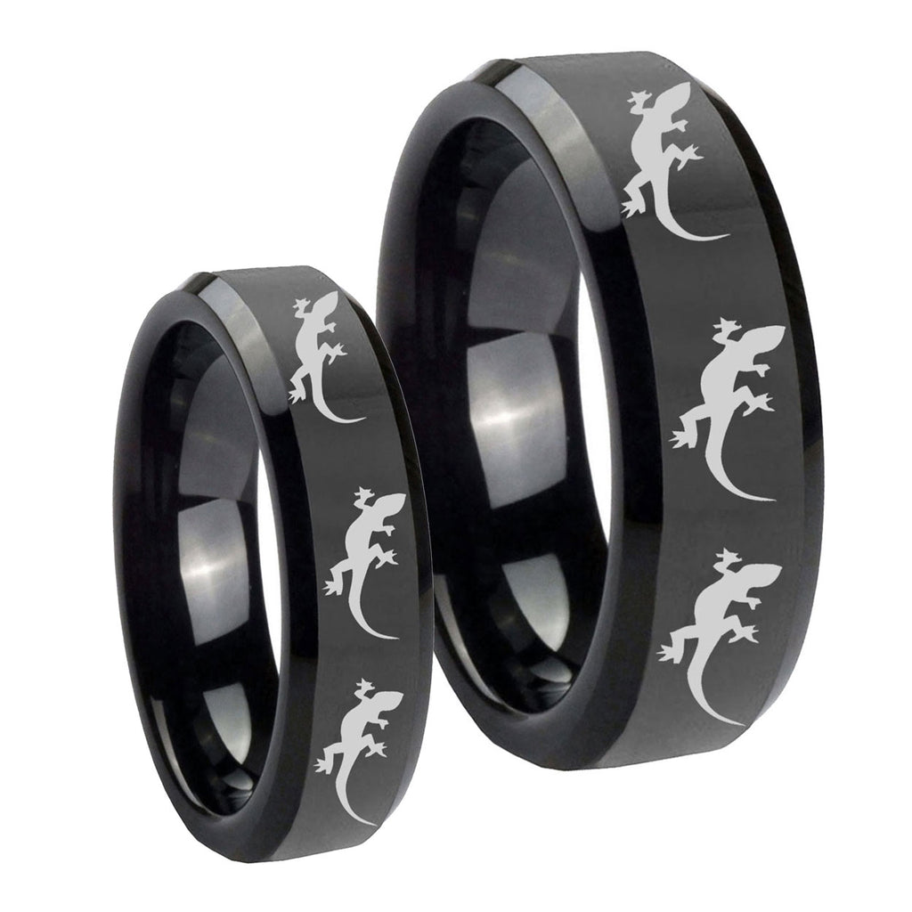 Multiple Lizard Beveled Edges Black Tungsten Couple Band Set