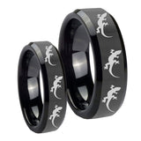 His Hers Multiple Lizard Beveled Edges Black Tungsten Men's Engagement Ring Set