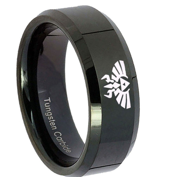 8mm-Zelda-Skyward-Sword-Beveled-Edges-Black-Tungsten-Carbide-Mens-Ring-Engraved