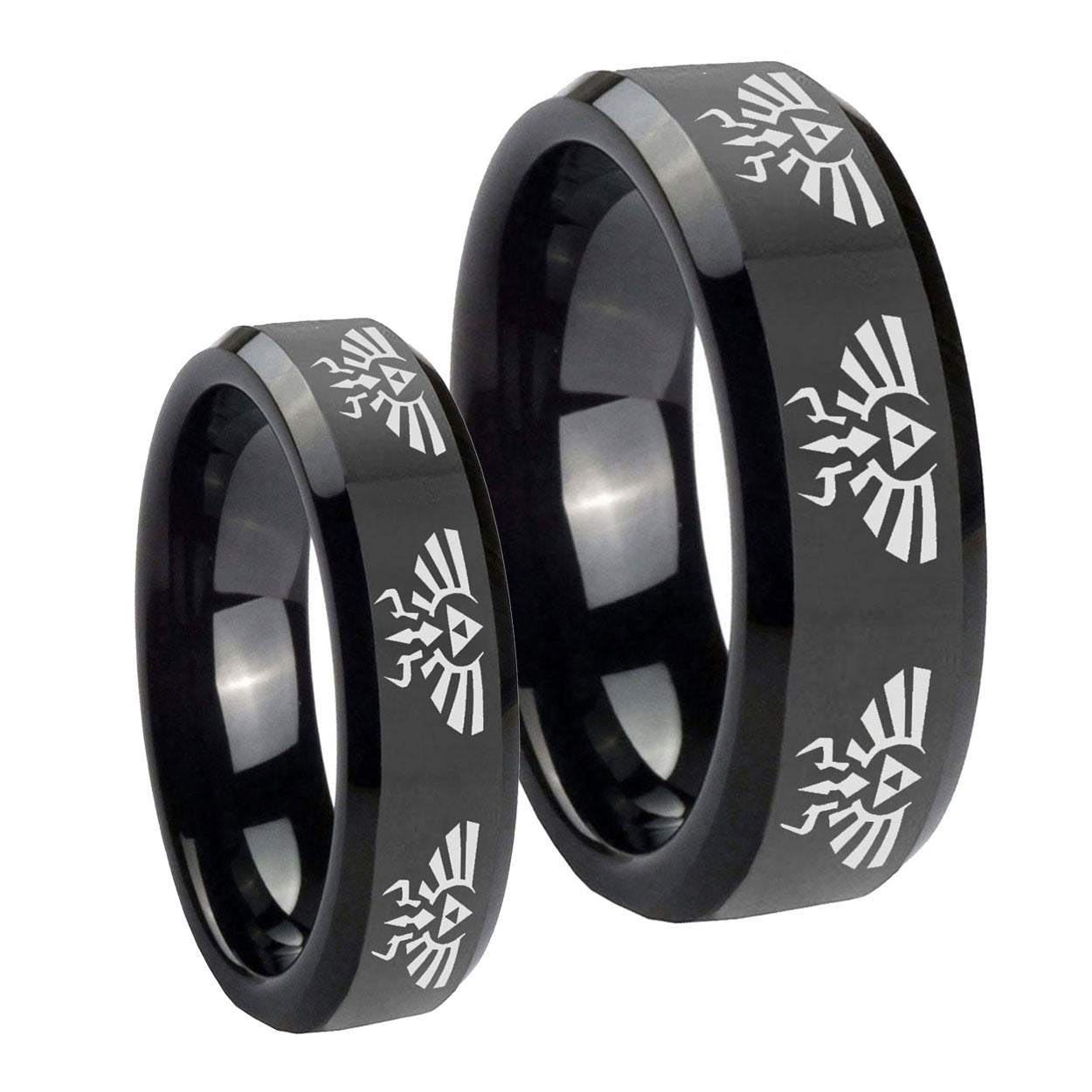 Multiple Zelda Skyward Sword Beveled Black Tungsten Couples Ring Set