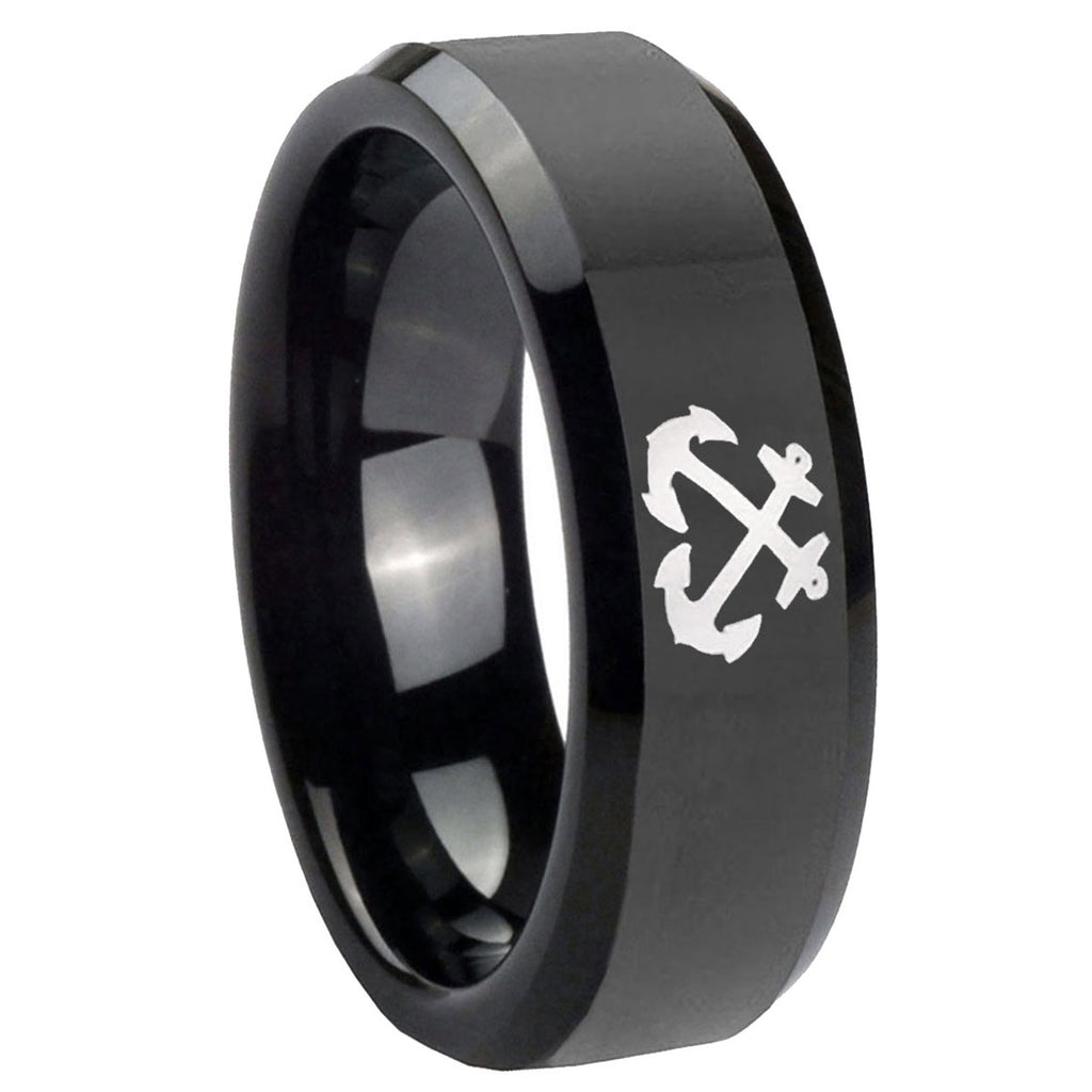 8mm Anchor Beveled Edges Black Tungsten Mens Engagement Band