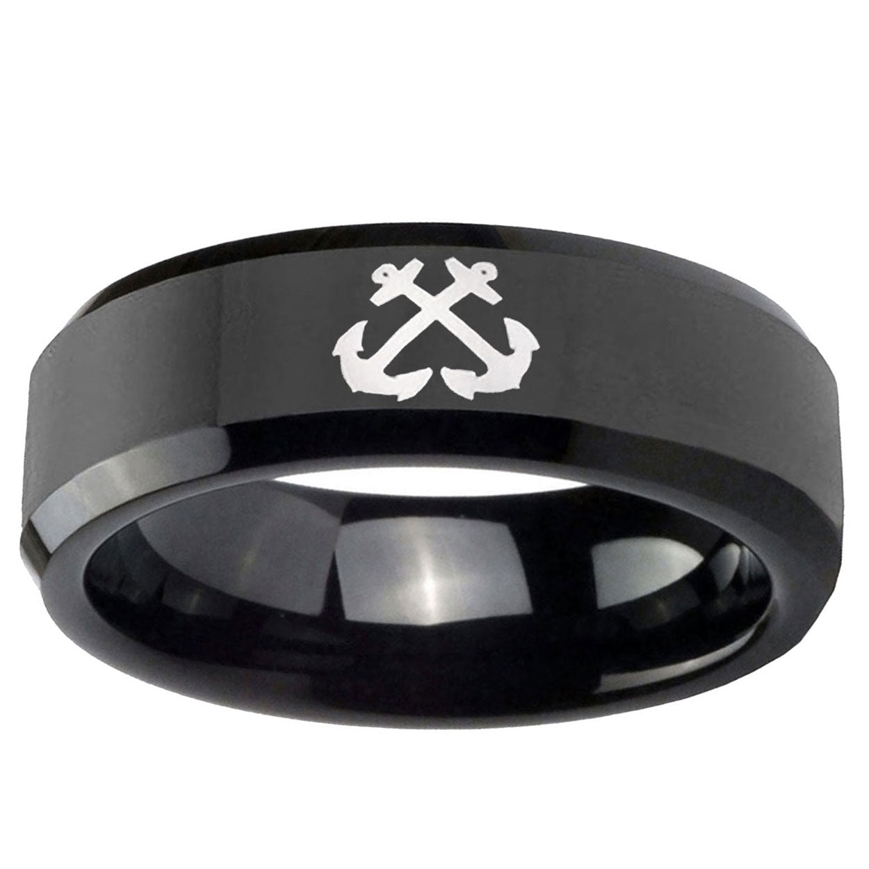 10mm Anchor Beveled Edge Black Tungsten Ring