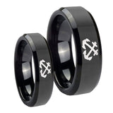 Bride and Groom Anchor Beveled Edges Black Tungsten Rings for Men Set