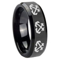 10mm Multiple Anchor Beveled Edges Black Tungsten Carbide Engraved Ring