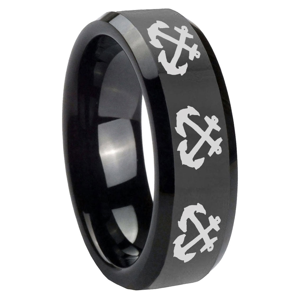 10mm Multiple Anchor Beveled Edges Black Tungsten Carbide Engraved Ring