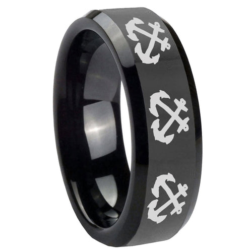 10mm Multiple Anchor Beveled Edges Black Tungsten Carbide Engraved Ring