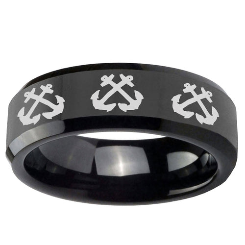 10mm Multiple Anchor Beveled Edge Black Tungsten Ring