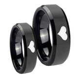 His and Hers Heart Beveled Edges Black Tungsten Wedding Band Mens Set