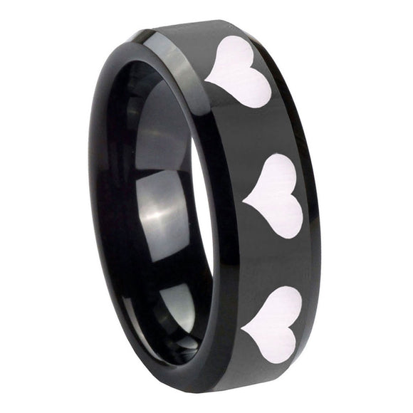 10mm-Multiple-Heart-Beveled-Edges-Black-Tungsten-Wedding-Engagement-Ring