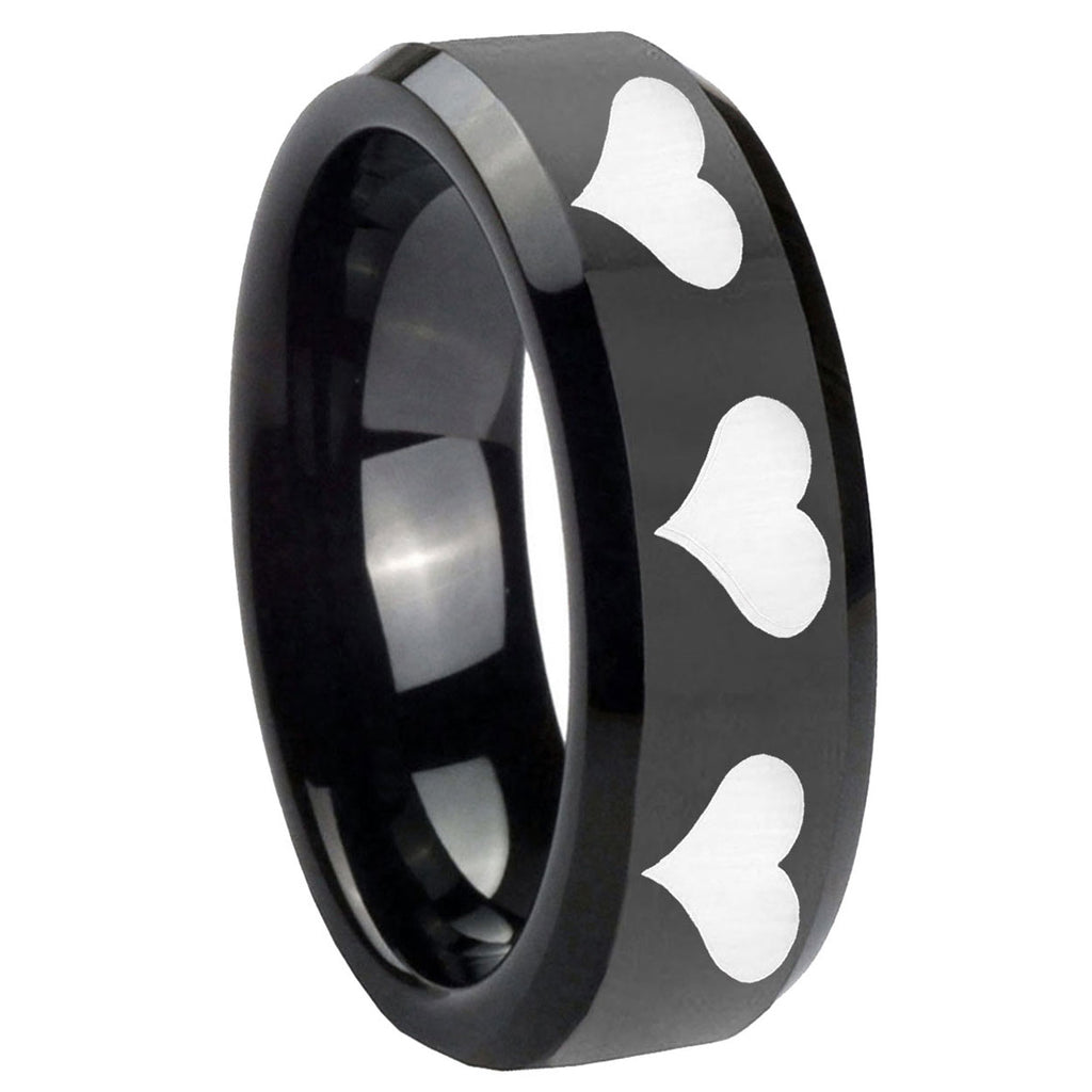 10mm Multiple Heart Beveled Edges Black Tungsten Wedding Engagement Ring