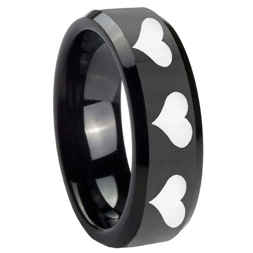 10mm Multiple Heart Beveled Edges Black Tungsten Wedding Engagement Ring