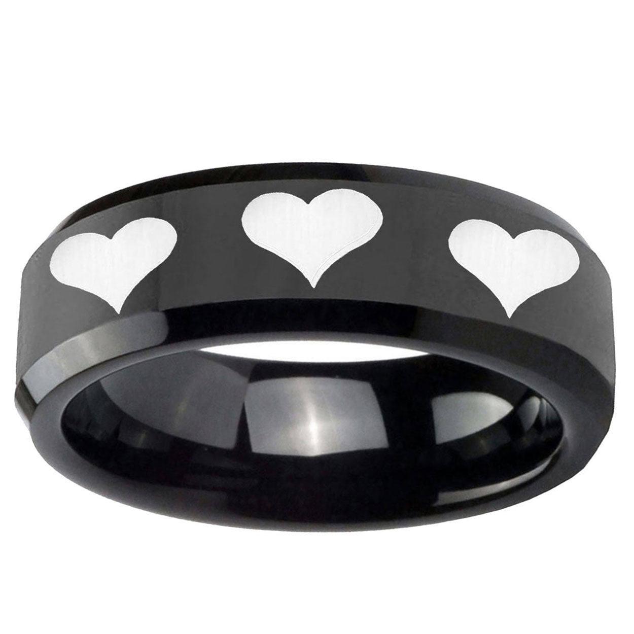 10mm Multiple Heart Beveled Edge Black Tungsten Ring
