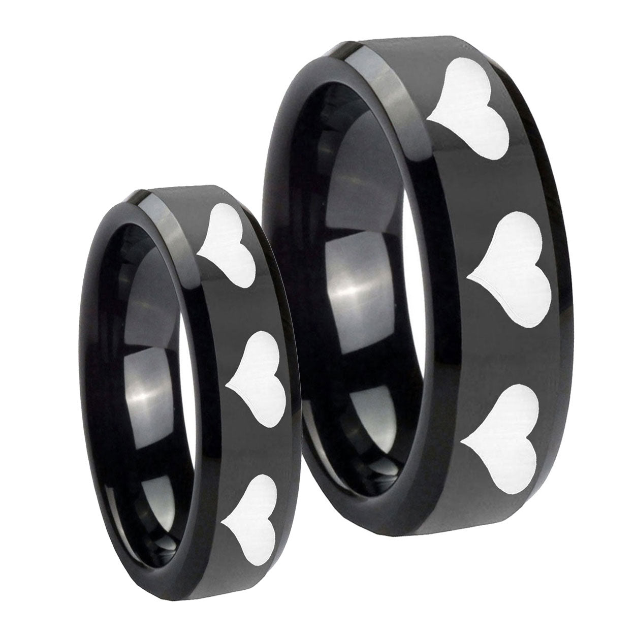 Multiple Heart Beveled Edges Black Tungsten Couple Wedding Rings