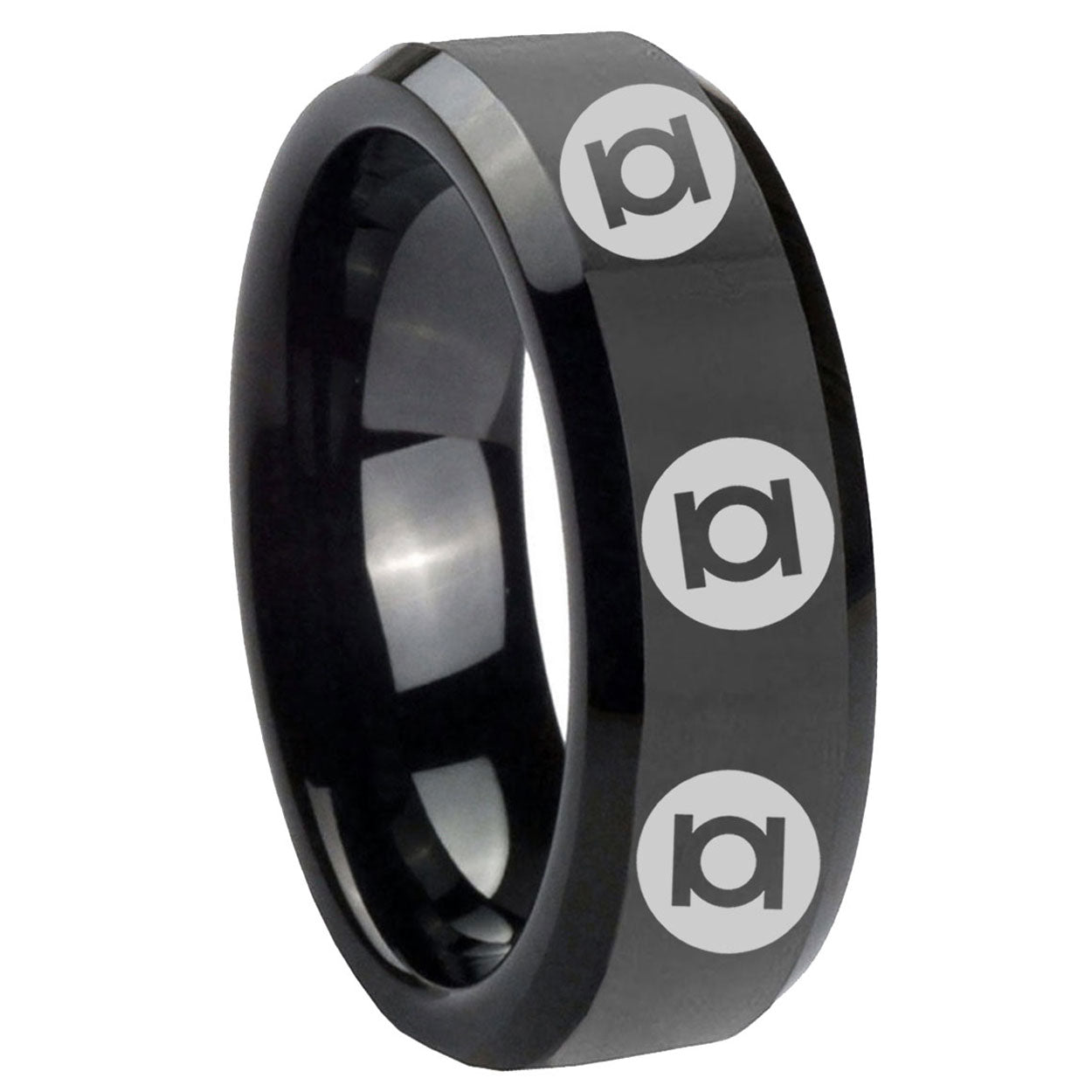 8mm Multiple Green Lantern Bevel Polish Black Tungsten Ring