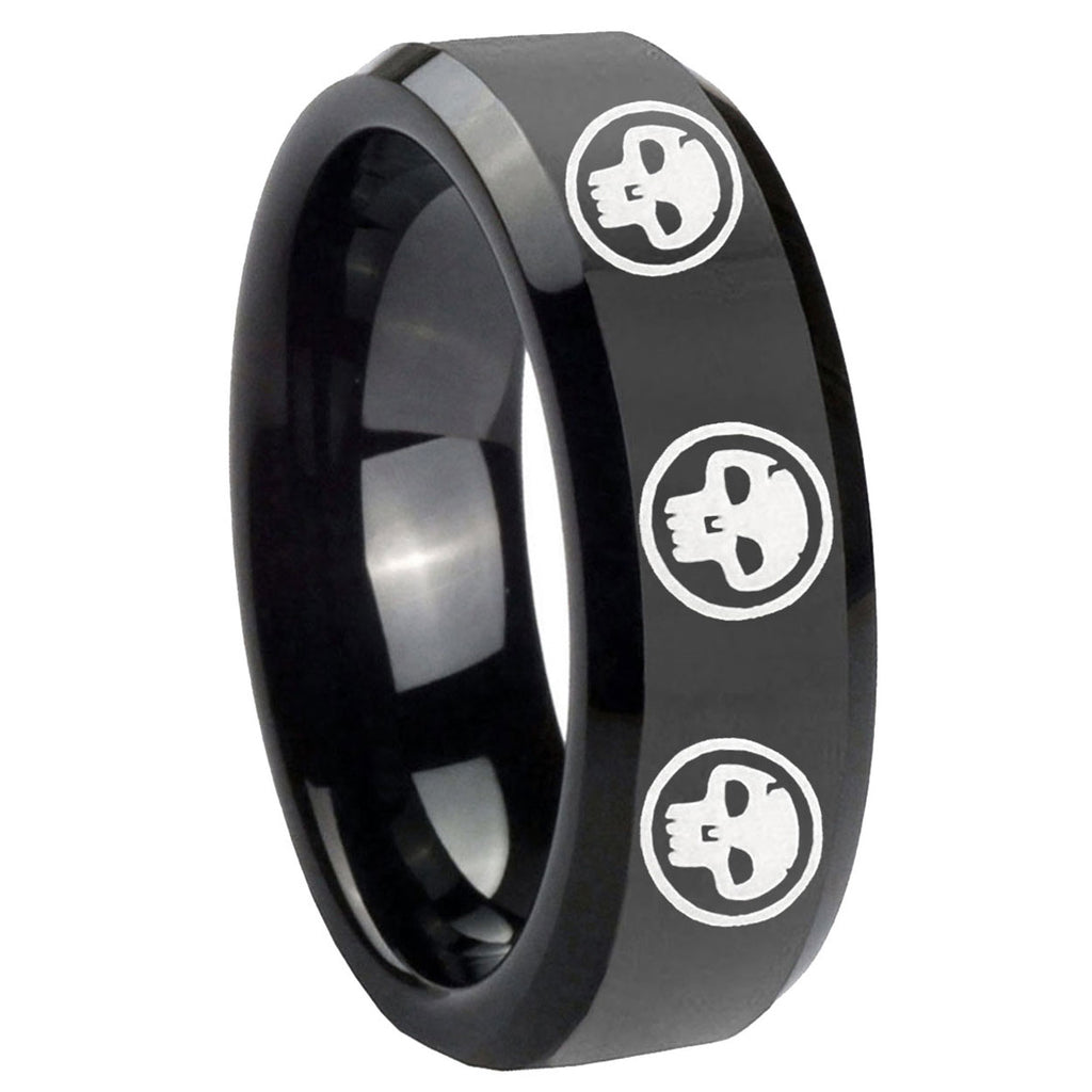 10mm Multiple Skull Beveled Edges Black Tungsten Carbide Wedding Engraving Ring