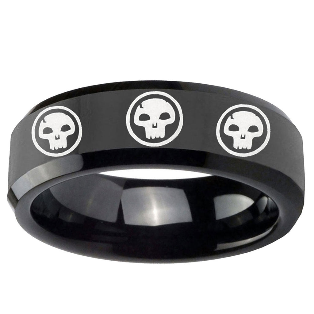 10mm Multiple Skull Beveled Edge BlackTungsten Ring