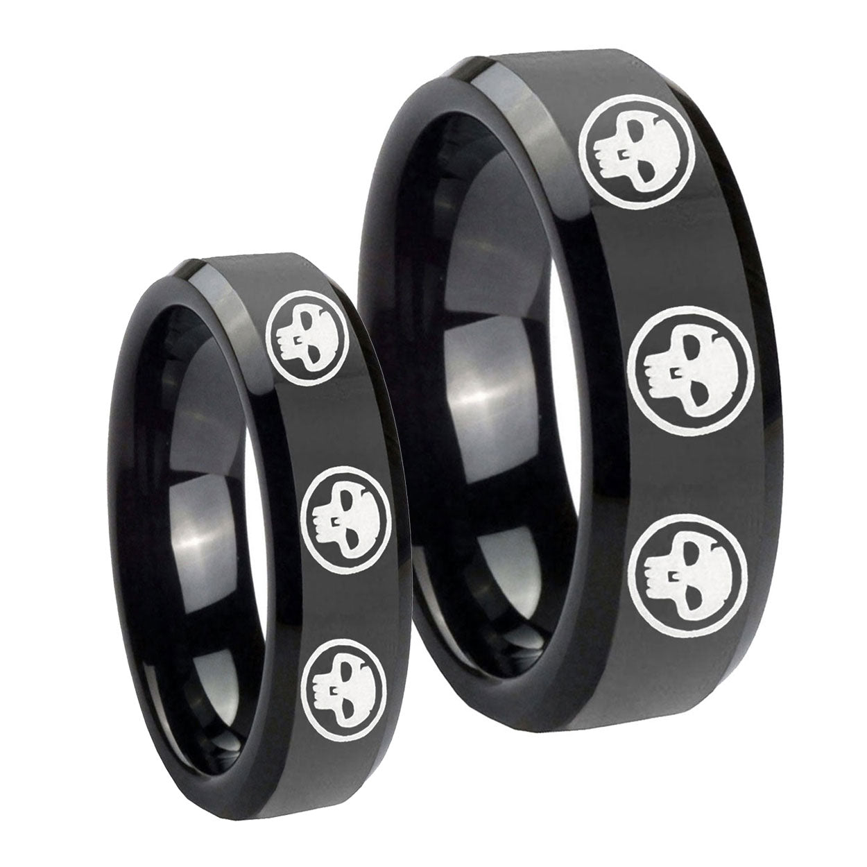 Multiple Skull Beveled Edges Black Tungsten Bridal Band Set