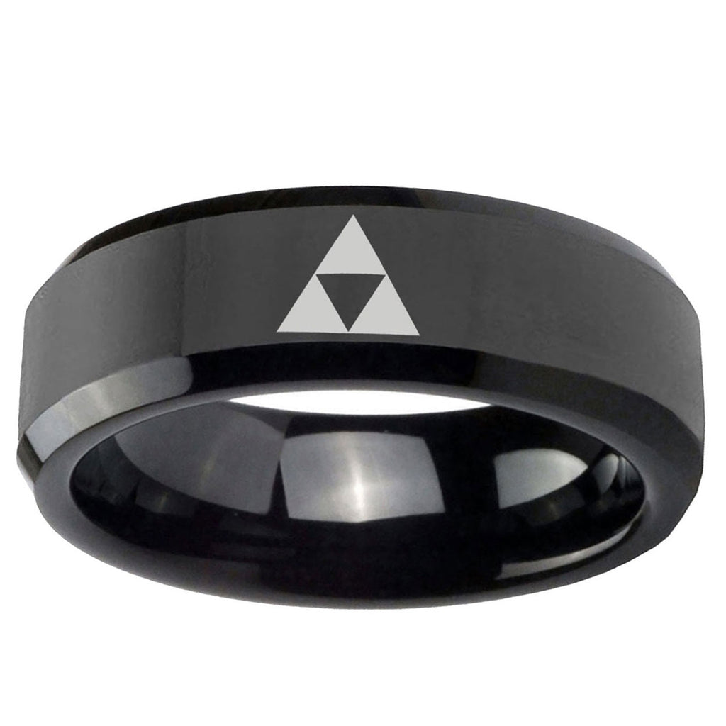 10mm Zelda Triforce Beveled Edge Black Tungsten Ring
