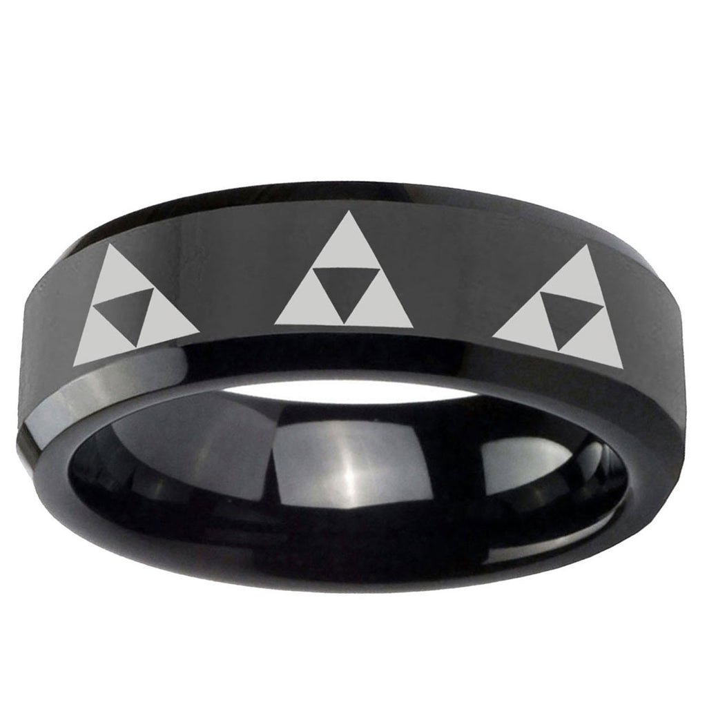 10mm Multiple Zelda Triforce Beveled Edge Black Tungsten Ring