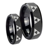 His Hers Multiple Zelda Triforce Beveled Black Tungsten Men's Wedding Ring Set