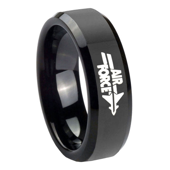 10mm-Air-Force-Glossy-Black-Beveled-Edges-Tungsten-Carbide-Men's-Ring