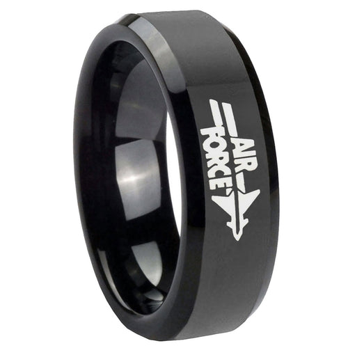 10mm Air Force Glossy Black Beveled Edges Tungsten Carbide Men's Ring