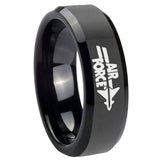 8mm Air Force Shiny Black Bevel Edges Tungsten Carbide Laser Engraved Ring