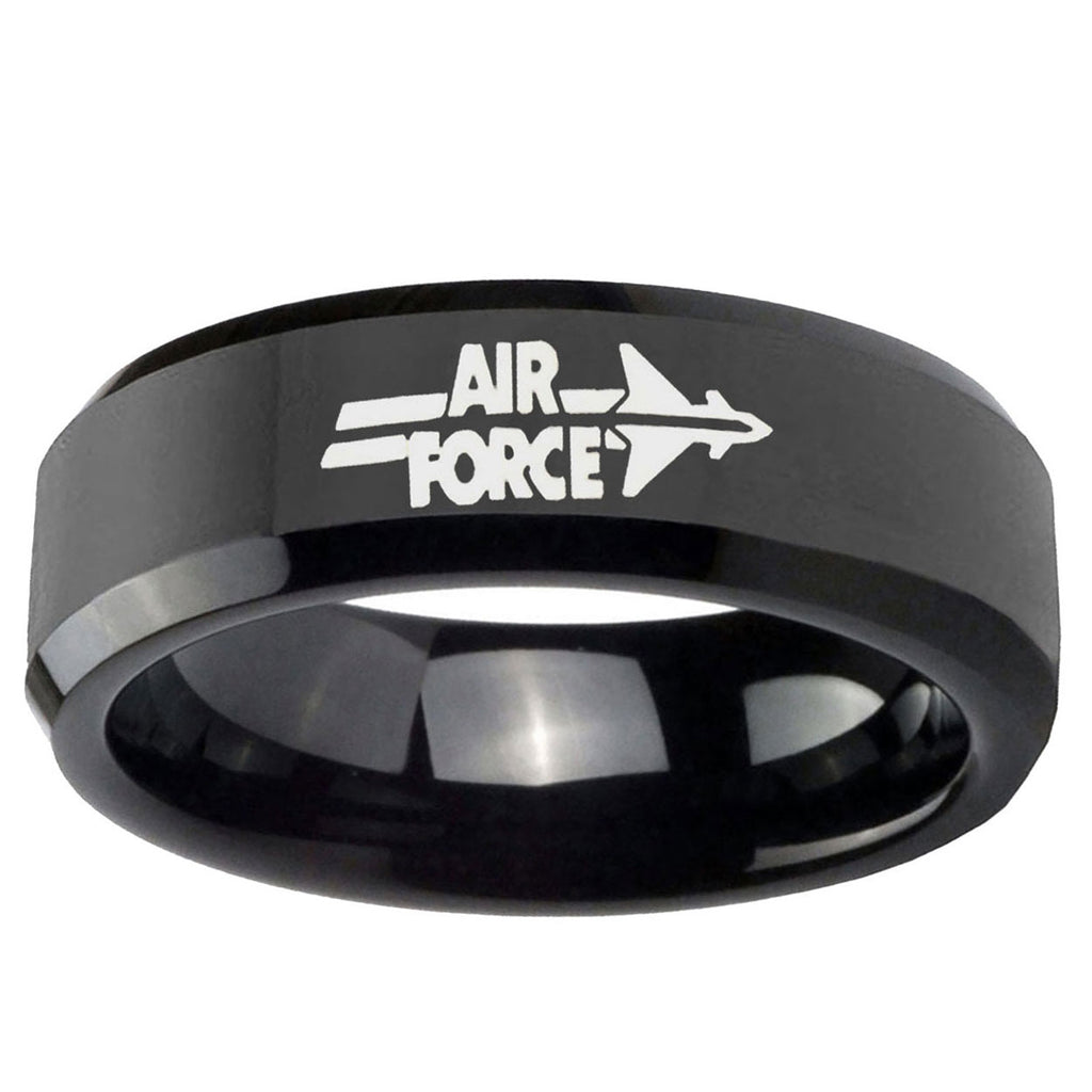 5mm Air Force Shiny Black Bevel Edges Tungsten Engraved Ring