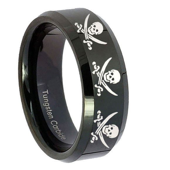 8mm-Multiple-Skull-Pirate-Beveled-Edges-Black-Tungsten-Carbide-Custom-Mens-Ring
