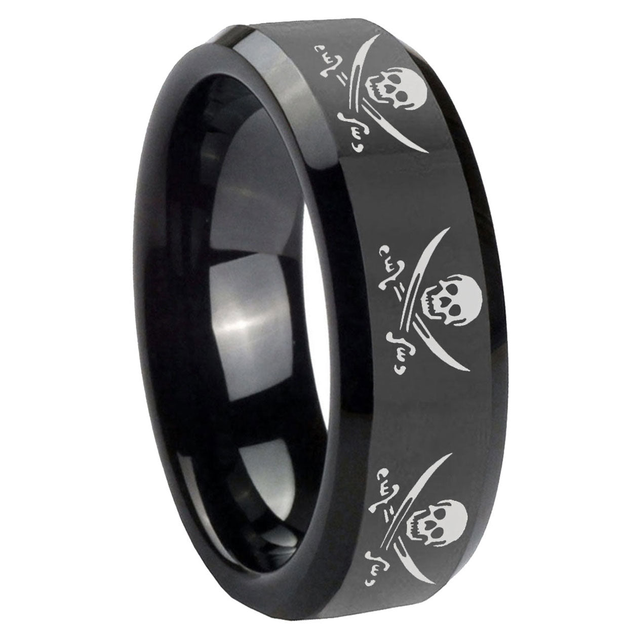 10mm Multiple Skull Pirate Beveled Edges Black Tungsten Men's Engagement Ring