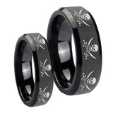 His Hers Multiple Skull Pirate Beveled Edges Black Tungsten Mens Ring Set