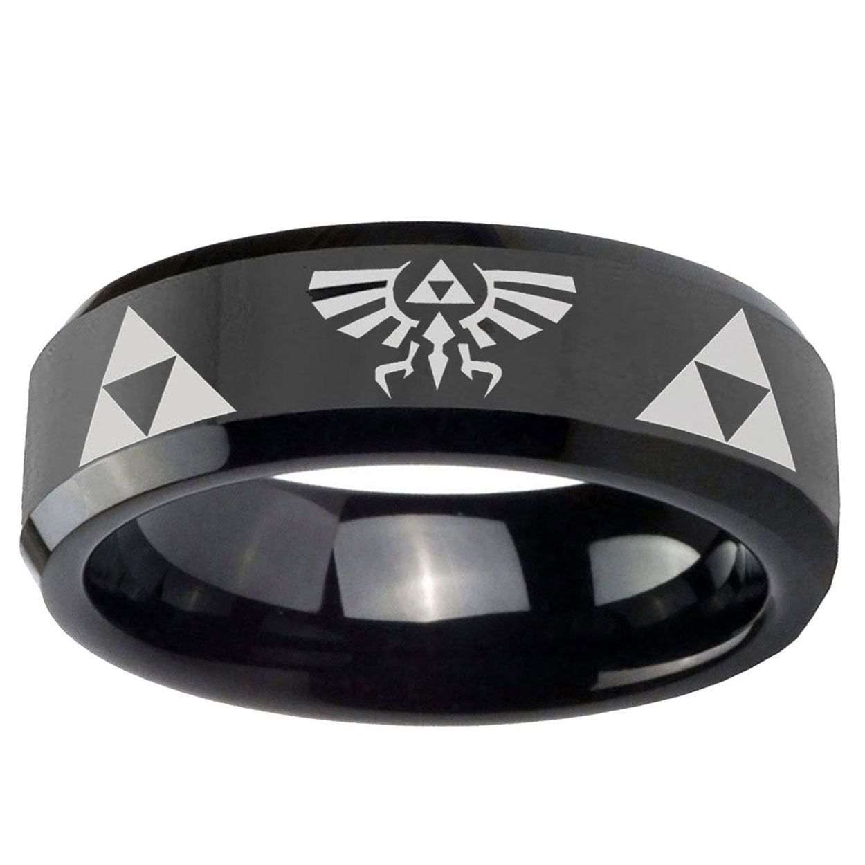 10mm Legend of Zelda Beveled Edge Black Tungsten Carbide Mens Bands Ring