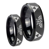 His Hers Legend of Zelda Beveled Edges Black Tungsten Mens Engagement Ring Set