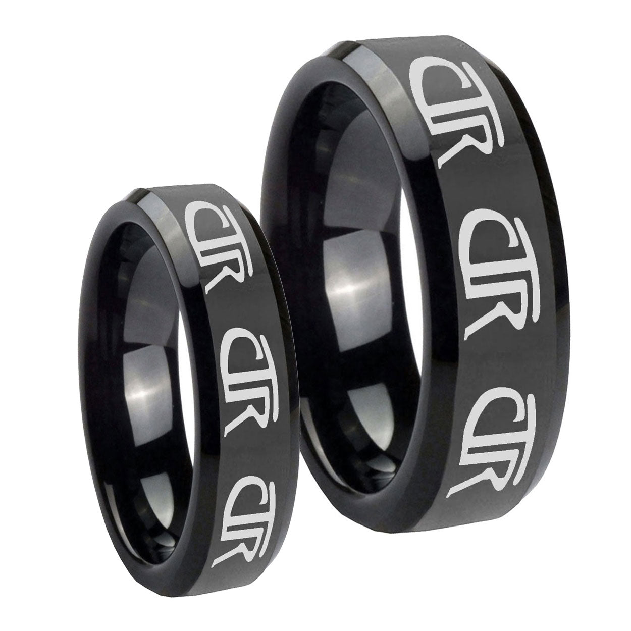 Multiple CTR Beveled Edges Black Tungsten Couple Wedding Rings