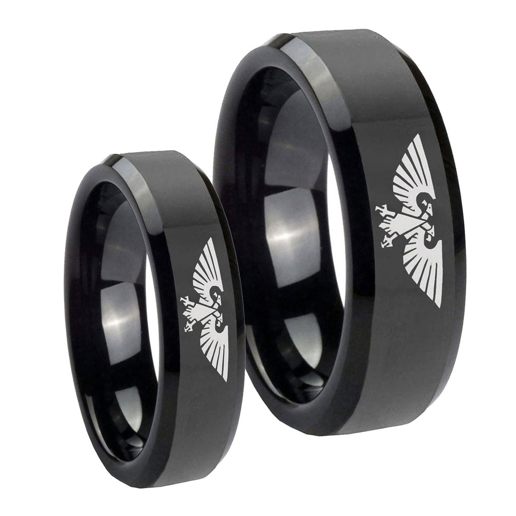 Aquila Beveled Edges Black Tungsten Wedding Set Ring
