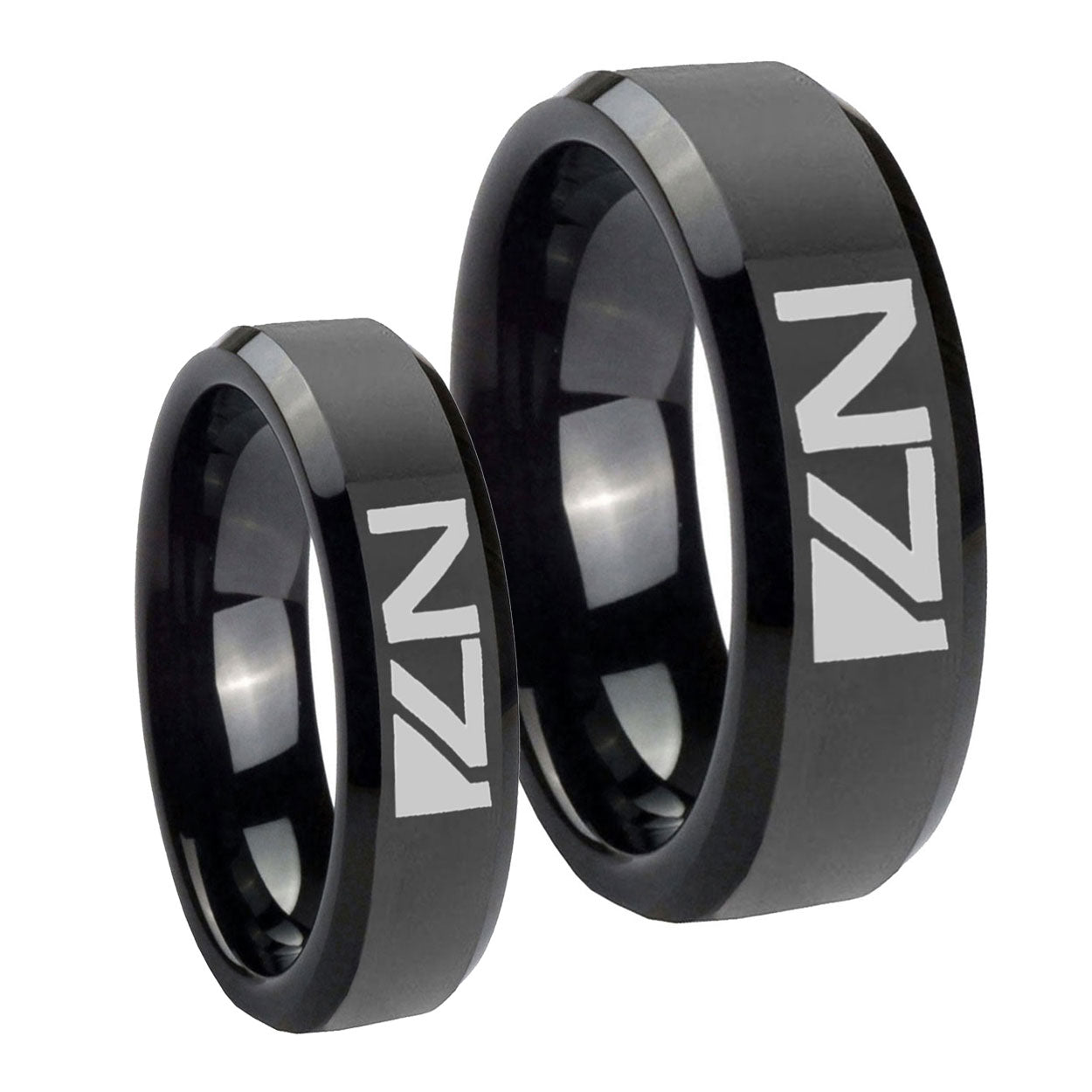 N7 Design Beveled Edges Black Tungsten Wedding Ring Set
