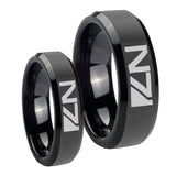 His Hers N7 Design Beveled Edges Black Tungsten Promise Ring Set