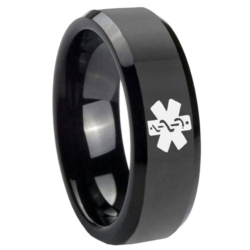 10mm Medical Alert Beveled Edges Black Tungsten Carbide Men's Wedding Band
