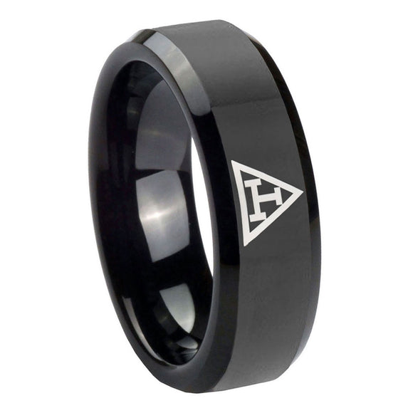 10mm-Masonic-Triple-Beveled-Edges-Black-Tungsten-Carbide-Custom-Mens-Ring