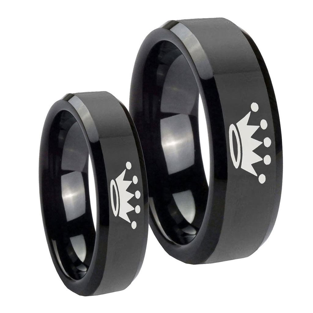 Crown Beveled Edges Black Tungsten Bridal Ring Sets