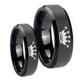 His and Hers Crown Beveled Edges Black Tungsten Wedding Band Ring Set