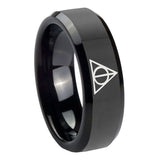 8mm-Deathly-Hallows-Beveled-Edges-Black-Tungsten-Carbide-Custom-Mens-Ring